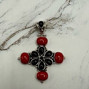925 Silver and Red/Black Cross Pendant